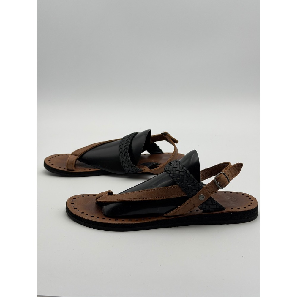 UGG Womens 6 Brown Black Leather Braided Thong Ankle Strap Flat Sandals 1008445